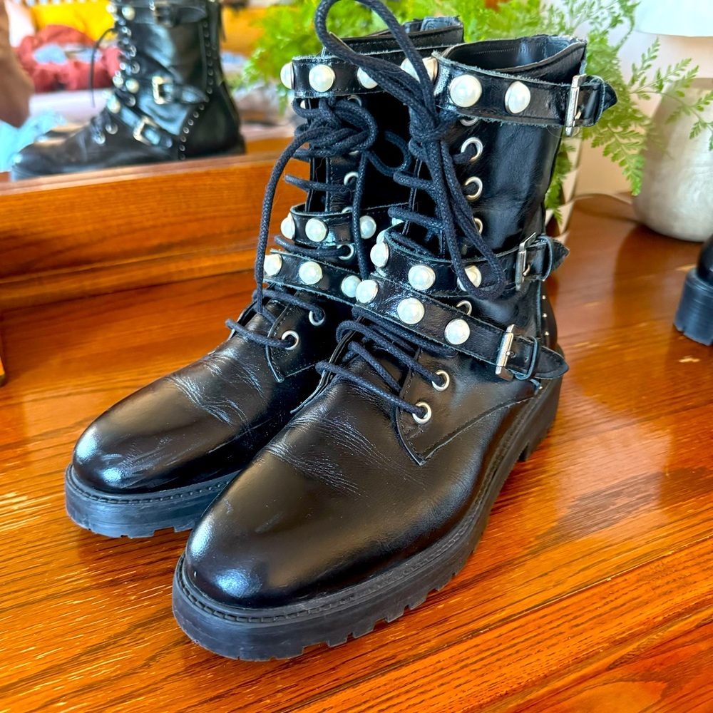 Zara Pearl Studded Combat Boots